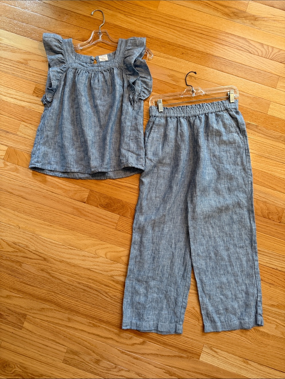 J. Crew Girls Linen Chambray Blue Ruffle Sleeve Top & Pants Set XL 12-14